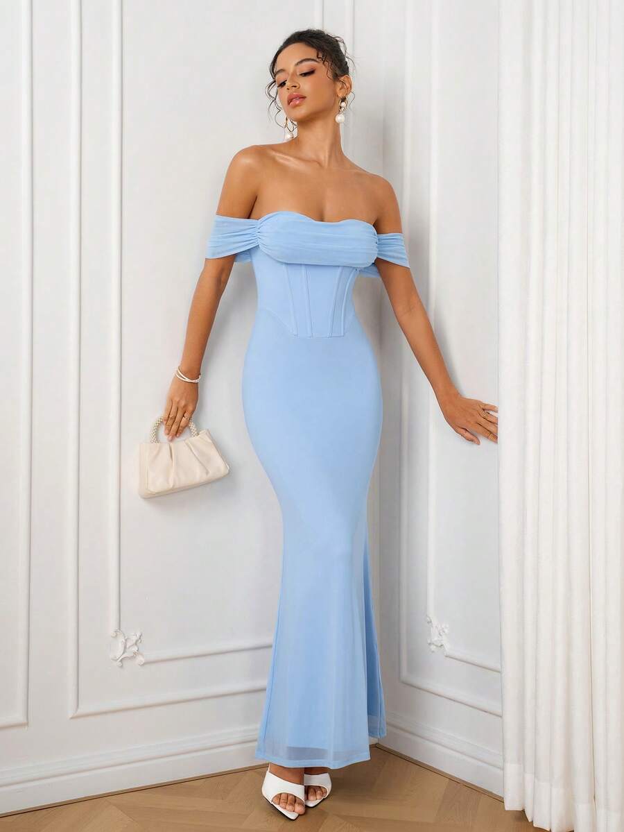 PARTHEA Women Elegant Light Blue Off‑Shoulder Mesh Mermaid Maxi Dress, Corset Style Party Long Gown - Baby Blue - View 1
