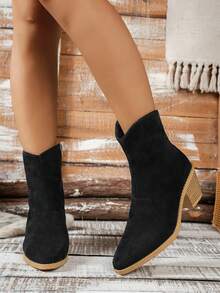 Women's Solid Color Western Style Side Zipper Smooth Chunky Heel Outdoor Ankle Boots - Black - View 2