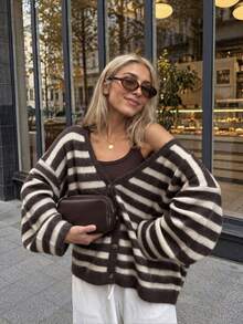 Women's Vintage Striped Long Sleeve Cardigan Sweater, Autumn/Winter Warm Knit Top, Fashion Regular Fit - Multicolor - View 1