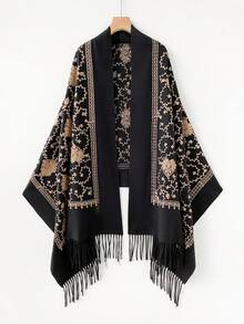 1件女款秋冬仿羊絨刺繡圍巾，加厚保暖流蘇刺繡波希米亞風旅行披肩斗篷 - 黑色 - 查看 1