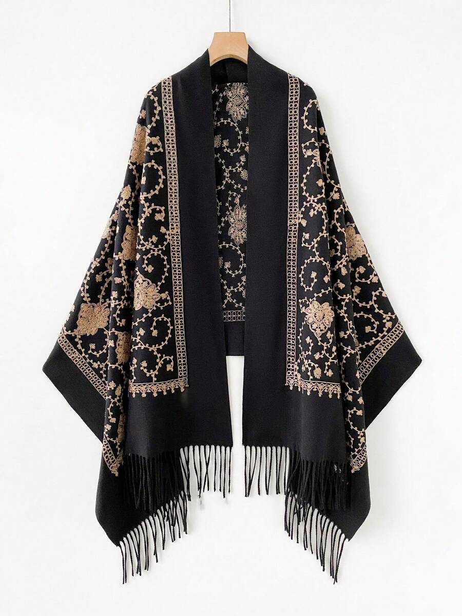 1件女款秋冬仿羊絨刺繡圍巾,加厚保暖流蘇刺繡波希米亞風旅行披肩斗篷 - 黑色 - 查看 1