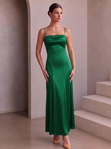 Women's Elegant Sexy Dark Green Cowl Neck Backless Criss-Cross Tie Dress, Luxury Evening Gown For Wedding Bridesmaid, Party, Cocktail, Autumn/Winter - Dark Green - View 4