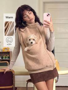Must-Have For Pet Owners,Women's Casual Fleece Fuzzy Funnel Neck Zip Up Pocket Loose Fit Gilets Coats For Daily,Fall Winter Clothes,Winter Fall Outfit - Camel - View 1