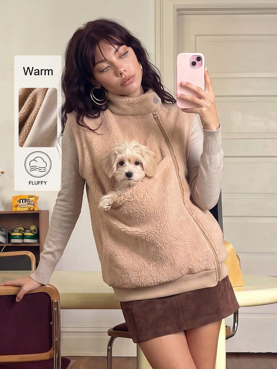 Must-Have For Pet Owners,Women's Casual Fleece Fuzzy Funnel Neck Zip Up Pocket Loose Fit Gilets Coats For Daily,Fall Winter Clothes,Winter Fall Outfit - Camel - View 1
