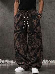 Zrgoth Men's Straight Leg Casual Pants, Black Maple Leaf Print Drawstring Casual Long Pants - Black - View 2