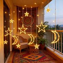 Solar Curtain Lights - Christmas Star And Moon Window Lights, Fairy Lights, 8 Modes - Christmas Decorations, Indoor Windows, Bedrooms, Parties, Weddings, Plug-In LED Curtain Lights, Holiday Decorations - Solar Powered Star and Moon Curtain Lights - View 6