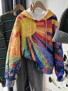 Sweatshirt Pullover Wanita FLEXCHIC, Saku Depan Bermotif, Grafis Pelangi, Gaya Bohemian Kasual, Lengan Panjang, Potongan Reguler - warna - View 2