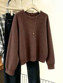 's Knitted Pullover Sweatshirt, Autumn/Winter Solid Color Long Sleeve Round Neck Casual Versatile Commuter Top, Elegant Fashion Sweatshirt Style, Warm Soft Comfortable Fabric - Multicolor - View 6