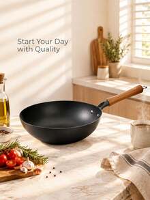 26/28/30/32cm Multi-Size Non-Stick Flat Bottom Frying Pan/Wok, Home Kitchen Cookware, Wooden Handle Heat-Resistant, Compatible With Gas And Induction Stoves, Smokeless Frying Pan, Lightweight And Easy To Clean - View 8