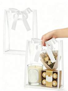 1/5/10pcs Transparent Gift Bags With White Border And Satin Bow; Reusable Transparent PVC Tote Bags; Suitable For Wedding, Birthday Gift Packaging, Baby Shower And Elegant Gift Wrapping; Also Suitable For Boutique Flower Display - Multicolor - View 2