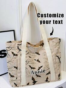 1pc Custom Text Halloween Theme Print Large Capacity Corduroy Tote Bag,Front Snap,Multi Pockets Wide Shoulder Strap,For School Travel Party Daily Gift - Black - View 8
