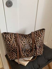 1pc Brown PU Smooth Zipper Leopard Print Fashion Versatile Casual Minimalist Autumn/Winter New Niche Shoulder Tote Bag For Women Daily Use - Brown - View 10