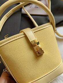 1pc Girls Solid Color PU Zipper Closure Minimalist Bucket Bag, Handheld & Crossbody, Suitable For All Seasons Daily Use - A - View 7