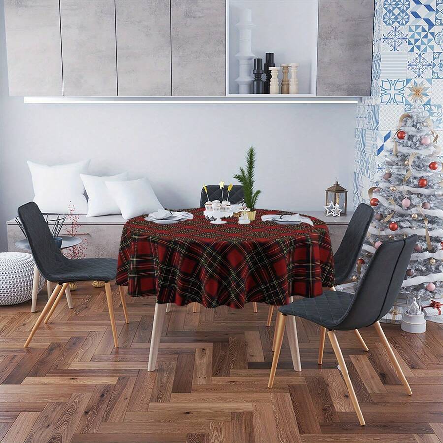 1pc Red & Green Plaid Round Tablecloth - Indoor/Outdoor Dining Table Cover, Suitable For Christmas Holiday Decoration, Kitchen & Dining Room Use - A - View 1