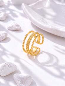 European And American Vintage High-End Three-Layer Braided Bead Open Ring For Women, Personalized Versatile Wide Band Index Finger Ring Jewelry - Gold - View 3