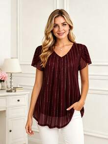 CheersLife Women's V-Neck Short Sleeve Casual Blouse With Double Layer Mesh Summer - Burgundy - View 1