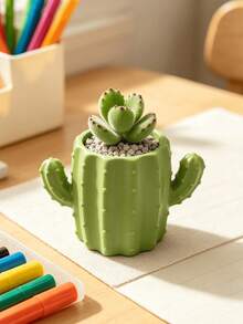 1pc Green Cactus Shaped Flower Pot, Pen Holder, Large Capacity Storage Space, Stable Base, Not Easy To Tip Over, Study Office Desk Surface Decoration, Suitable For Office Housewarming Gift - Cactus - View 3