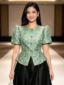 現代菲律賓風蝴蝶袖女款短袖上衣，適合度假、日常穿著與約會，春夏季 - 綠色 - 查看 2