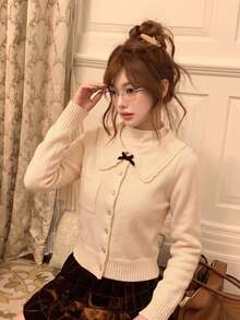 Korean Style Sexy Peter Pan Collar Bow Long Sleeve Knit Cardigan Top Women's Autumn Design Base Layer Innerwear Outerwear - Apricot - View 3