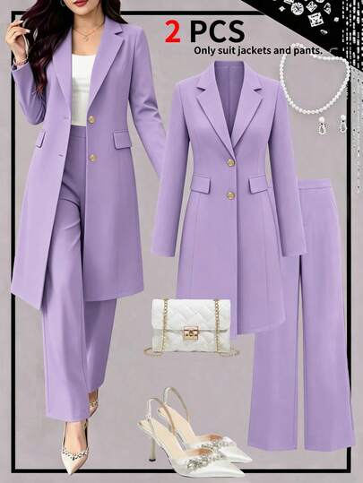 Women's Spring/Autumn Elegant Commute 2 Pieces Set, Long Waist-Cinching Vintage British Design Faux Pocket Button Detail Blazer Coat Paired With Simple Casual Straight-Leg Trousers