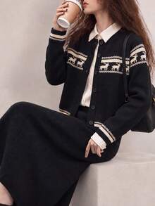Women's Vintage Autumn/Winter Reindeer Pattern Knit Cardigan Button Long Sleeve Crew Neck Sweater - Black - View 3