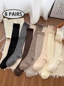 1/8 Pairs Women's Calf Socks, Ruffle Edge Minimalist Solid Color Vertical Stripe Slimming Long Tube Slouch Socks, Suitable For Various Daily Outfits - Multicolor - View 20
