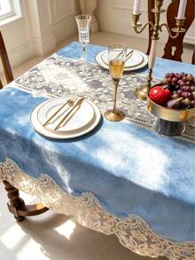 1pc Light Blue Velvet Hollow Lace Tablecloth, Gold Vine Rope Embroidery Craft Tablecloth, Multiple Size Options, Suitable For Living Room, Dining Room, Home Decor And Room Decoration, Perfect For Holiday Party Decoration Or Dining Table Decor - Baby Blue - View 2