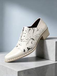 QRLQRL Men's Patchwork Lace-Up Dress Shoes With Artistic Textured Upper And Square Chunky Heel, Suitable For Spring/Autumn, Business Occasions, Gatherings And Short Trips - White - View 1