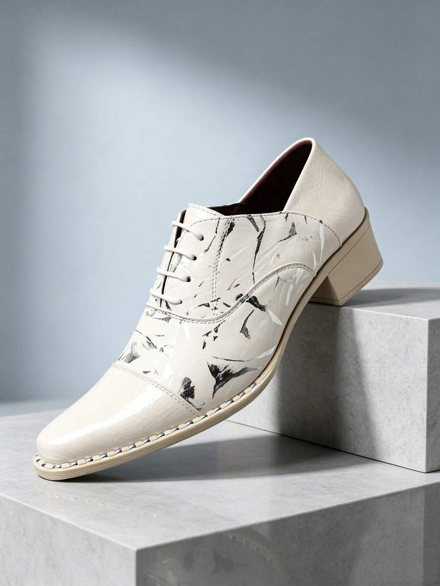 QRLQRL Men's Patchwork Lace-Up Dress Shoes With Artistic Textured Upper And Square Chunky Heel, Suitable For Spring/Autumn, Business Occasions, Gatherings And Short Trips - White - View 1