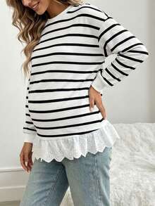 Bump Style Non-Stretch White Striped Long Sleeve Top For Maternity | Eyelet Lace Ruffle Hem Blouse - White - View 5