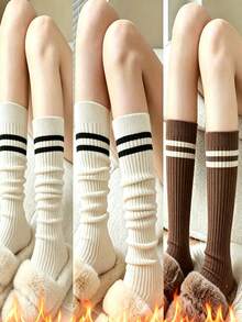 2‑Colors Women Classic Versatile Ribbed Slouch Mid‑Calf Socks, Solid Color Soft Knit Socks, Comfortable Balletcore Preppy Fall Winter Casual Socks - Multicolor - View 2