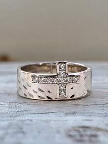 1pc Women's Silver Metal Cross Design Fashion Ring, Suitable For Daily Wear And Party, Women's Accessory Gift - Multicolor - View 1
