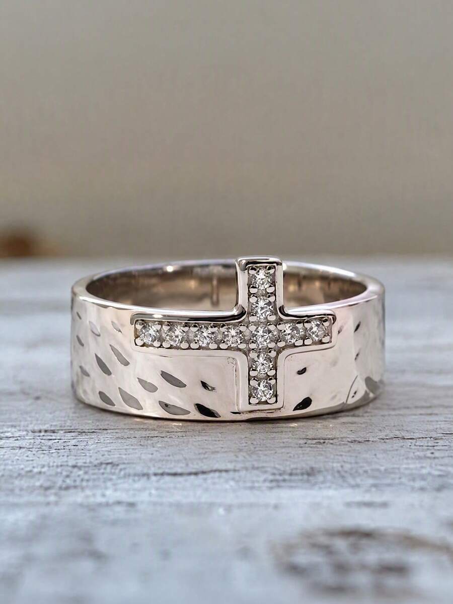 1pc Women's Silver Metal Cross Design Fashion Ring, Suitable For Daily Wear And Party, Women's Accessory Gift - Multicolor - View 1