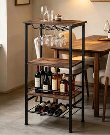Botellero rústico para comedor, estante para vino de pie con soporte de botellas, mesa barra de madera y metal para licor y copas - Marrón - Ver 1