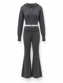 JustMiss Women's 2pcs Sweater Set, Hooded Long Sleeve Knit Cropped Slim Fit Casual Top And Flared Pants, Spring/Autumn - Dark Grey - View 9