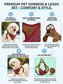 Breathable And Comfortable Pet Leash Set With Red Plaid Fabric And Cute Teddy Bear Pattern, Designed For Small Teddy Dogs Outdoor Walking, Can Be Paired With Dog Collar - Hot Pink - View 6