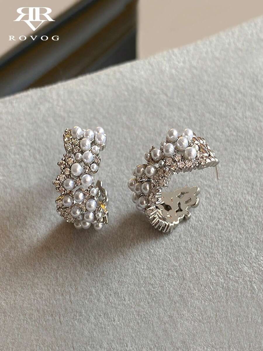 1 Pair Elegant Fashion Cubic Zirconia Faux Pearl Geometric Decor Copper Alloy Stud Earrings Suitable For Women Party And Ball - Silver - View 1