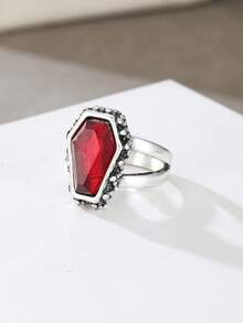 1pc Retro Imitate Garnet Coffin Shape Silver Color Ring For Women Unique Boho Silvery Color Ring Punk Gothic Halloween Party Jewelry Gift For Her - Ring 1 - View 12