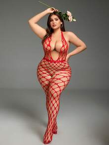 Plus Size Halter Fishnet Bodysuit, Hollow Out Sheer Mesh Full Body Stocking, Elastic See-Through Lingerie Sleepwear, Suitable For Curvy Figures - Red - View 3