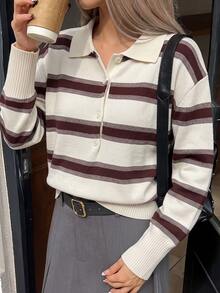 Women's Striped Long Sleeve Polo Shirt, Regular Fit, Semi-Sheer Medium Stretch Fabric, Suitable For Autumn - Multicolor - View 8