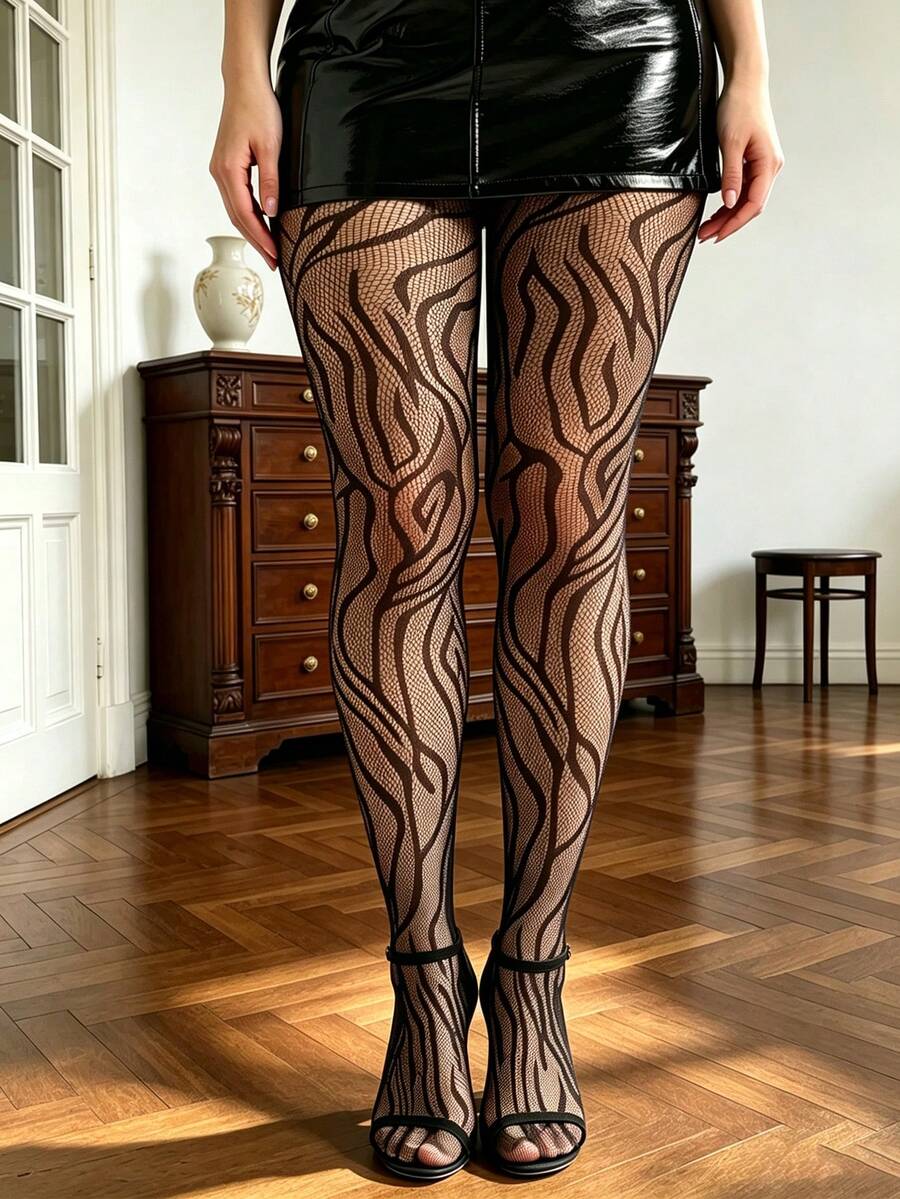 1 Pair Zebra Pattern Fishnet Tights Elegant Glam Curve-Friendly High Stretch For Fall Party Date Night - Multicolor - View 1