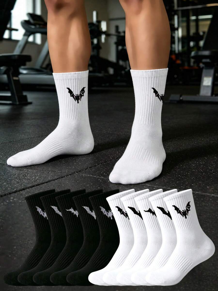 1/2/6/12 Pairs Of Bat Print Socks, Gothic Style, Comfortable Mid Length Socks, Suitable For Daily Wear, Available In Black And White, Autumn Style - Multicolor - View 1