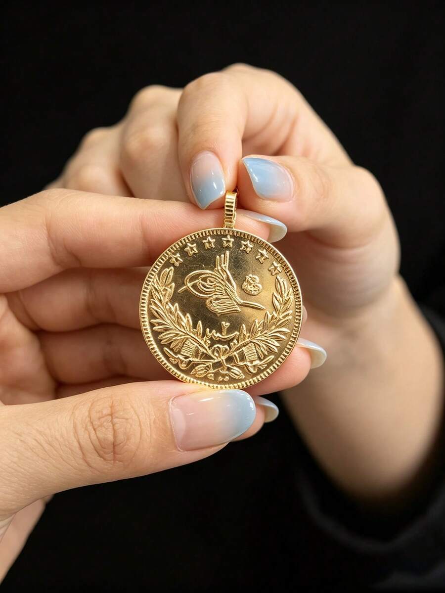1Pc Vintage Gold Ottoman Pattern Coin Pendant, Large DIY Jewelry Charm For Kaftan Outfit (Slight Color Variation Due To Shooting Angle & Light) - Gold - View 1