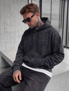 GRDR Men's Autumn/Winter Casual Distressed Washed Thermal Lined Loose Fit Hoodie | Leading Fashion - Black - View 3
