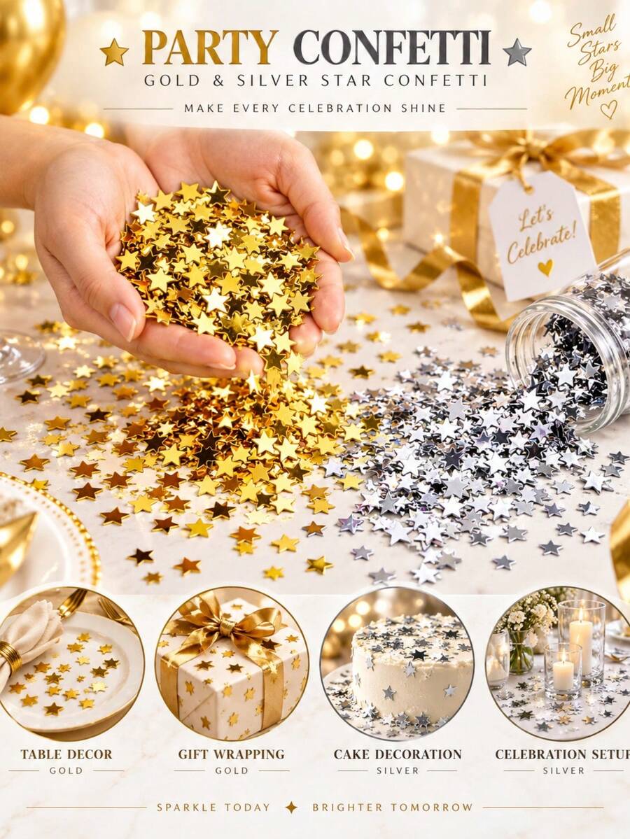 1pack Golden/Silver Star Glitter Confetti For Birthday Party Table Decorations, Christmas/Thanksgiving Table Settings, Wedding Engagement Photo Props, DIY Craft Fillers For Holiday Crafts, And Glitter For Holiday Gift Boxes - Five-pointed Star - View 1