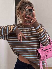Women's Casual Relaxed Colorblock Striped Pullover Knit Sweater, Ribbed Cuffs Loose Flattering Fit, Versatile Layering Top For Commute, Autumn/Winter, Lazy Vibe - Brown - View 1