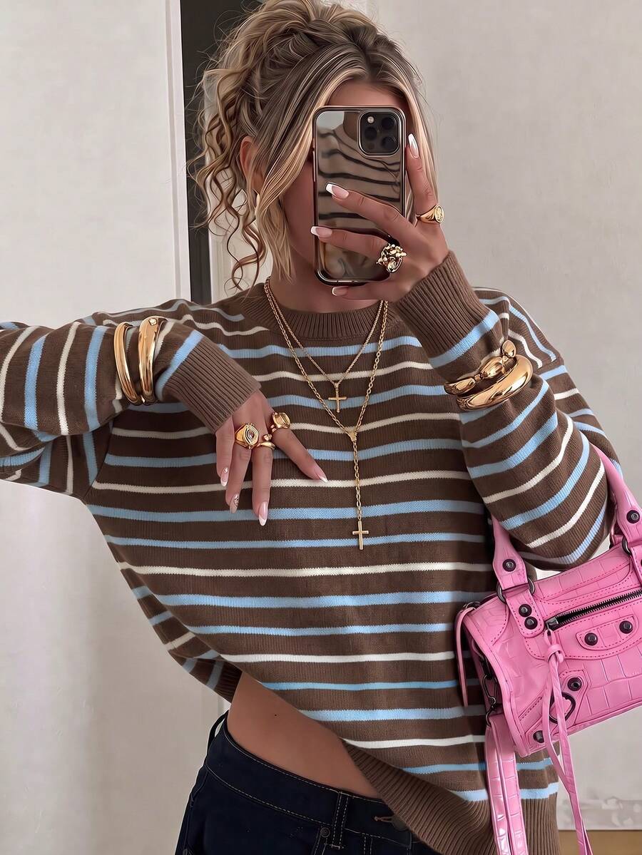 Women's Casual Relaxed Colorblock Striped Pullover Knit Sweater, Ribbed Cuffs Loose Flattering Fit, Versatile Layering Top For Commute, Autumn/Winter, Lazy Vibe - Brown - View 1