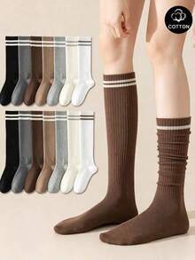 2‑Colors Women Classic Versatile Ribbed Slouch Mid‑Calf Socks, Solid Color Soft Knit Socks, Comfortable Balletcore Preppy Fall Winter Casual Socks - Multicolor - View 1