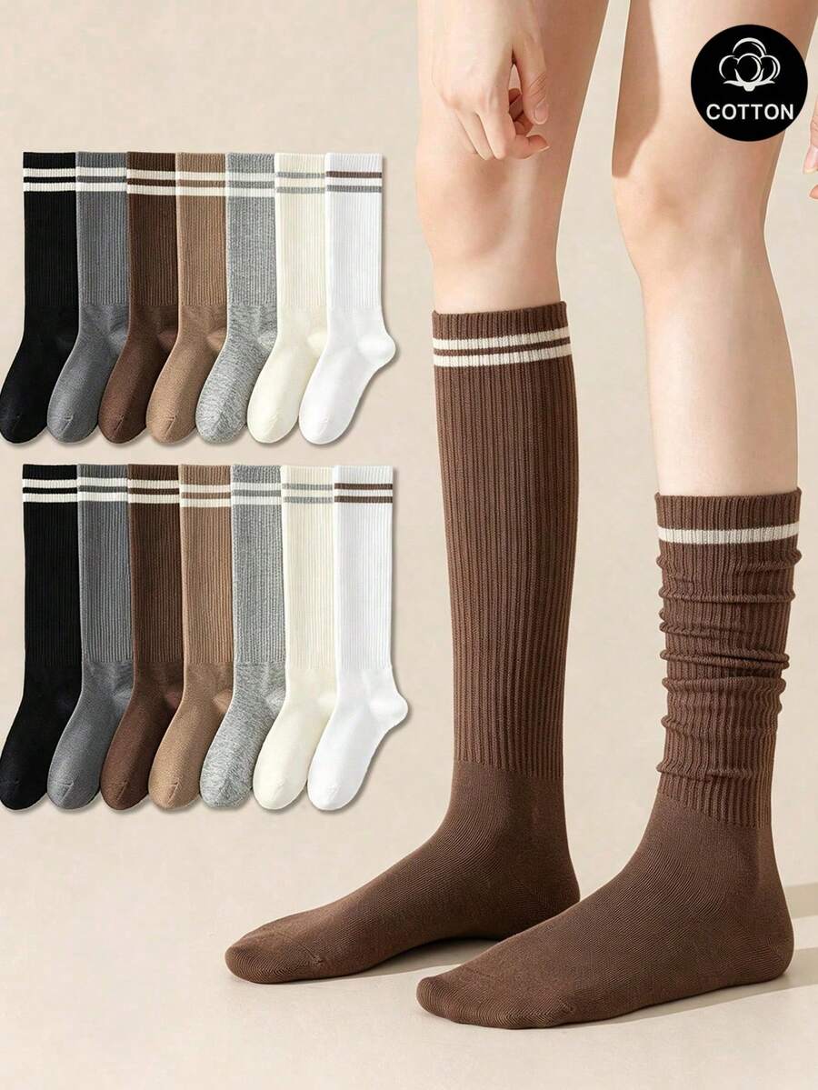 2‑Colors Women Classic Versatile Ribbed Slouch Mid‑Calf Socks, Solid Color Soft Knit Socks, Comfortable Balletcore Preppy Fall Winter Casual Socks - Multicolor - View 1
