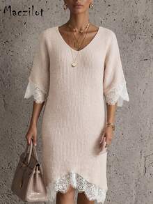 Plus Size Women Fall Winter 5/4 Sleeve Knit Midi Dress, V Neck Lace Splicing Elegant Loose Sweater Dress For Commute & Date - Baby Pink - View 3